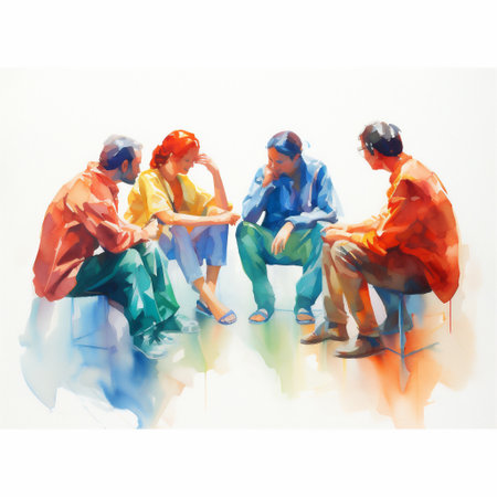 A Vibrant Watercolor Painting of a Group Therapy Session, Mental Health Concepts, Generative AIの素材