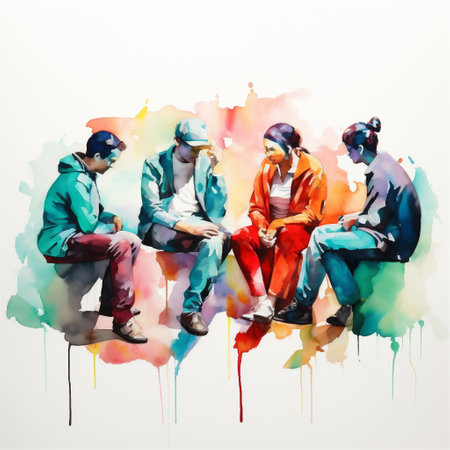 A Vibrant Watercolor Painting of a Group Therapy Session, Mental Health Concepts, Generative AIの素材