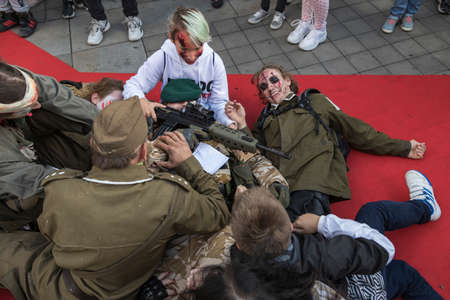 Brno, Czech Republic, September 28, 2019 - Zombie Walk Brno - portraits of people wearing masks for...