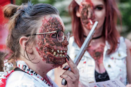 Brno, Czech Republic, September 28, 2019 - Zombie Walk Brno - portraits of people wearing masks for...