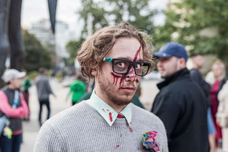 Brno, Czech Republic, September 28, 2019 - Zombie Walk Brno - portraits of people wearing masks for...