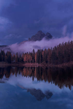 Tre Cime taken from Lake Antorno in the Italian Dolomites.の写真素材