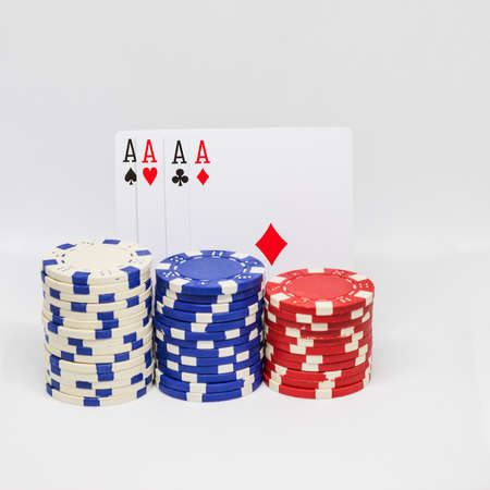 Casino chips, ace of hearts card and plaque with dealer inscription. の写真素材