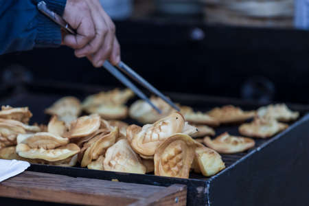Sheep cheese on the grill with hand that grills himの写真素材