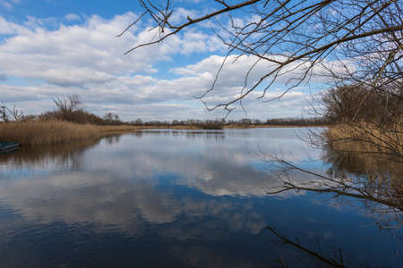 Breeding pond. A blue sky with white clouds is reflected on the surface. On the shore is a feed...
