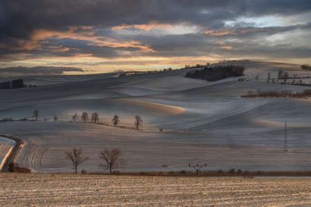 Beautiful winter landscape at sunset. Chestnut alley near Karlin in the Czech Republic in Europe. There is snow in the surrounding field. In the background is a beautiful sky with dramatic clouds.の写真素材