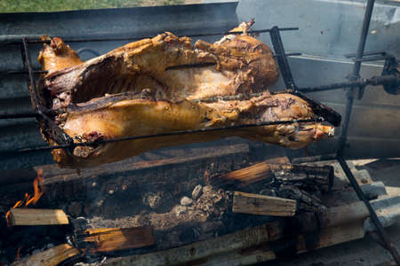 Roast pork on a spit. There is fire under the piglet.