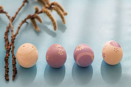 Easter egg as decoration. Decorated Easter eggs on the Easter table. The background is bright.の写真素材
