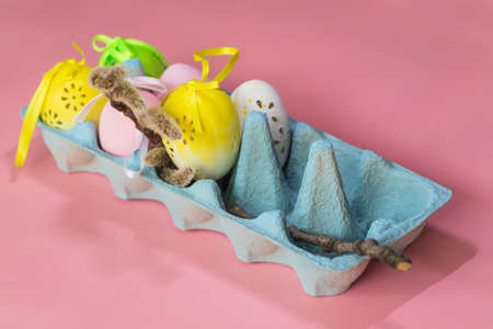 Easter egg as decoration. Decorated Easter eggs on the Easter table. The background is bright.の写真素材