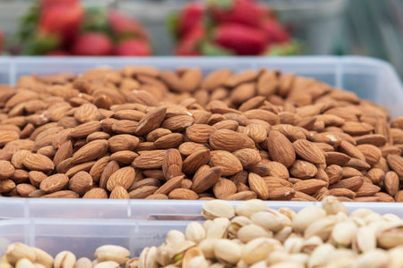 Dry fruits of nuts, hazelnuts and almonds.