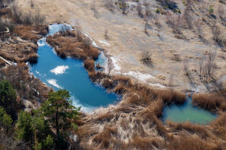 Valley in the countryside. Top view of small ponds.