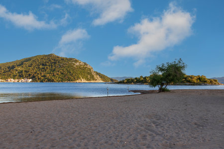 Seascape in Croatia in the Dubrovnik-Neretva area. Sea, ships, sunset.の写真素材