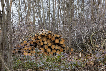 Forest destroyed by insects. Felling trees and clearing the field.