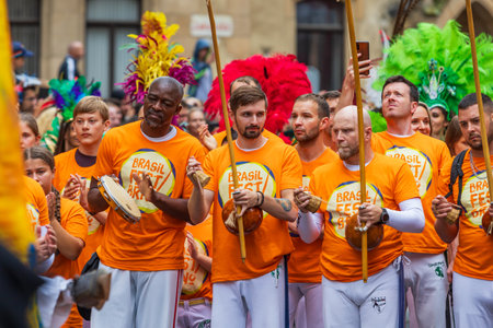 Brno, Czech Republic, August 05 2023 - Brasil Fest Brno 2023 parade of dancers and drummers in...