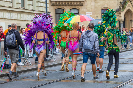 Brno, Czech Republic, August 05 2023 - Brasil Fest Brno 2023 parade of dancers and drummers in...