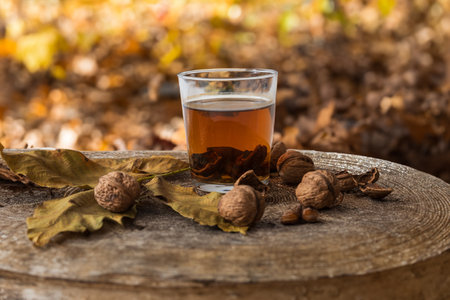 Beautiful autumn still life. Walnuts for making tea.の写真素材