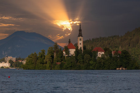 Church of the Assumption of the Blessed Virgin Mary on an island on Lake Bled in Slovenia.の写真素材