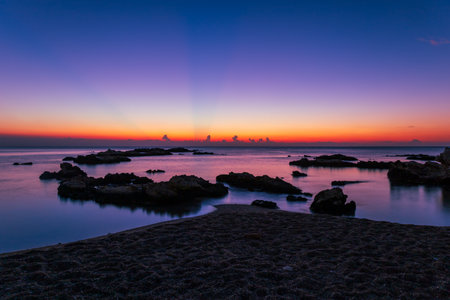 Seaside landscape at sunrise on Rhodes island Stegna beachの写真素材