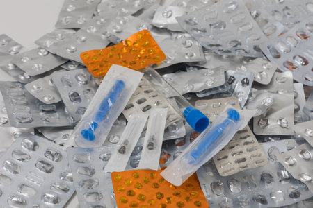 Syringe and medicine bottle with needlesの写真素材