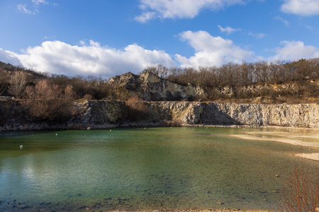 Landscape view of the abandoned Janicuv vrch limestone quarry near Mikulov in the Czech Republic....