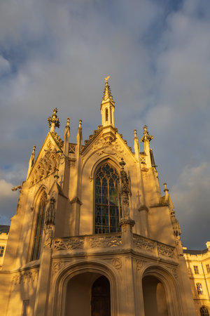 Wide-angle view of the Neo-Gothic Lednice Chateau, part of the Lednice-Valtice Cultural Landscape (UNESCO World Heritage Site) in Moravia, Czech Republicの写真素材