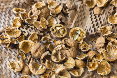 An extreme close-up (macro) shot from above of a pile of cracked walnut shells. The shells are scattered across a textured, brown honeycomb packaging paperの写真素材