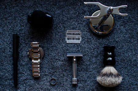gift ideas for men for valentines and father's day include fountain pen, ink, shiny razor set, brush, shaving standの写真素材