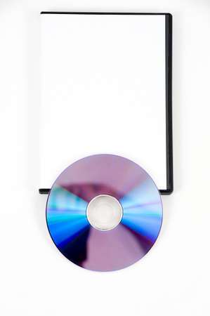 Purple DVD leaning on the bottom of a white case on a white backgroundの写真素材