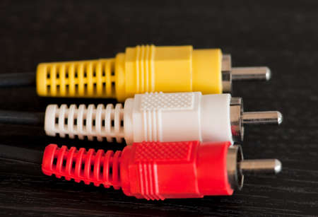 Close up of red, white and yellow RCA cablesの写真素材