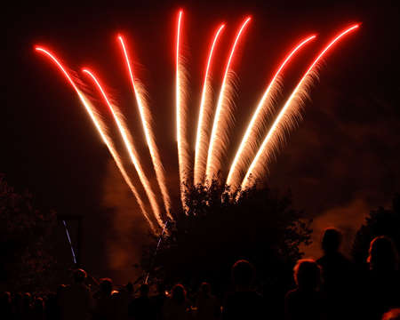 Colorful fireworks going off while a crowd watchesの写真素材