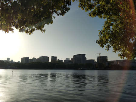 beautiful lake in the sunの写真素材