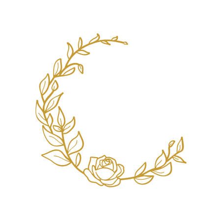 Wedding ornament with wreath flower template. Hand drawn gold symbol. Vector illustration.のイラスト素材