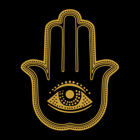 Illustration of a hamsa hand symbol. Hand of Fatima religious. Decorative gold pattern.のイラスト素材