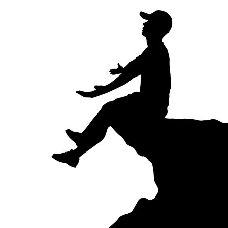 Lonely man is sitting on the cliff silhouette vectorのイラスト素材