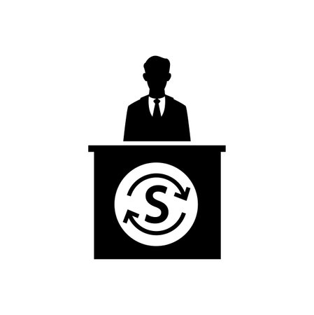 Business man on podium and money exchange icon vector isolated on white, sign and symbol illustration.のイラスト素材