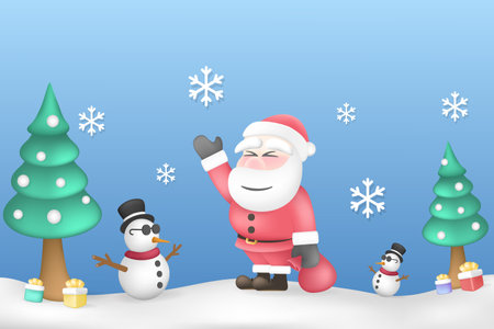 Christmas background with santa clouse pine tree, snow and snowman in cute style, Happy season and holiday concept.の写真素材