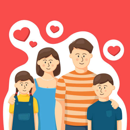 olorful simple flat vector of family with mom dad son and daughter, Valentines day, people concept template vector illustration.のイラスト素材