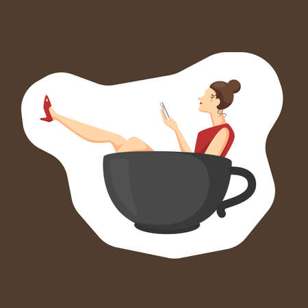 Colorful simple flat vector of relaxing woman in coffee cup, coffee break concept template vector illustration.のイラスト素材