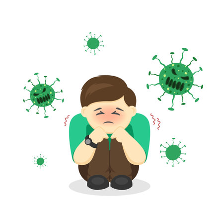 Rash fever. German measles. A sick boy with fever and red rash. Gel reduces heat. Feeling bad when symptoms. Cartoons of rubella virus. Cause of infection.のイラスト素材