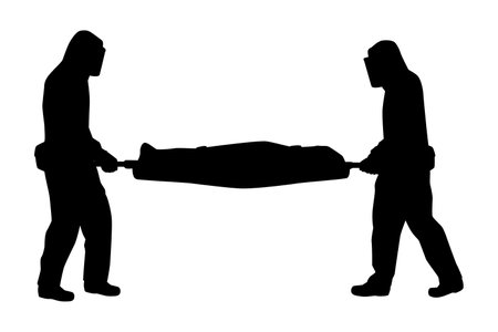 Medical staff wear personal protective equipment (PPE) with a body of Covid-19 victim for on patient cart silhouette vector on white background.のイラスト素材