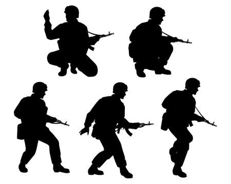 Soldier with rifle gun in  war silhouette vector, military man in the battle.のイラスト素材