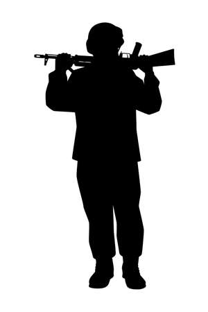 Soldier with rifle gun in war silhouette vector, military man in the battle.のイラスト素材