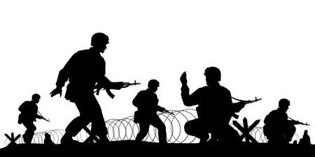 Soldiers troop with rifle gun in war silhouette vector, illustration for your background design, military man in the battle.のイラスト素材