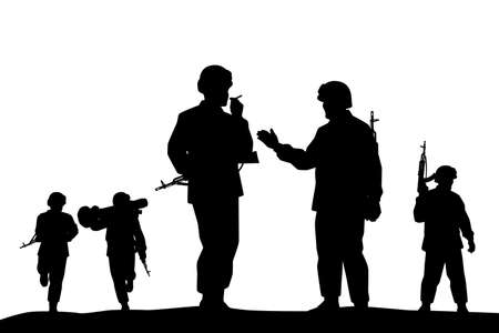 Soldiers troop with rifle gun in war silhouette vector, illustration for your background design,...