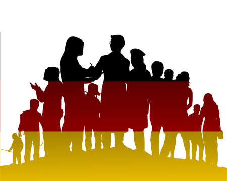 Team of men in virus or chemical protection suit with equipment on Germany flag vector, disease silhouetteのイラスト素材