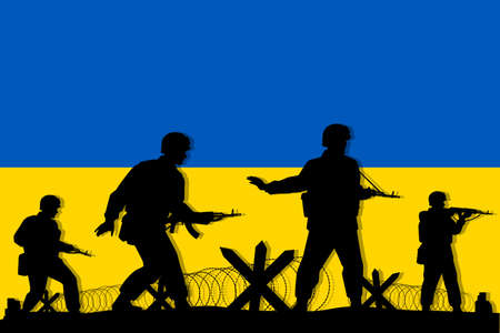 Ukrainian soldiers with rifle gun silhouette on flag vector, illustration for your background design, military man in the battle.のイラスト素材