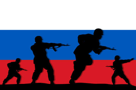 Russian soldiers with rifle gun silhouette on flag vector, illustration for your background design,...