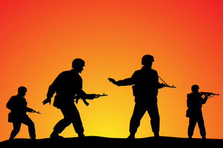 Soldiers troop in operative mission sunset silhouette background, warrior in the battle design vector illustration.のイラスト素材