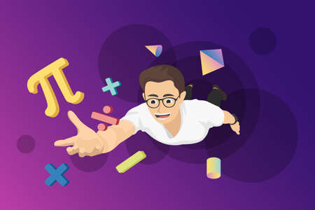 Flying boy with mathematics sign in simple style vector, world of calculation abstract concept...