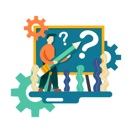 Young man is holding a pencil for writing question mark on the board. business concept vector illustration isolated on white background.のイラスト素材